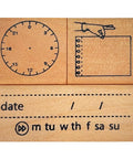 Top Shelf Wooden Stamp Set Featuring Date Time Notes Stamps For Crafting Journaling Planner Organization Durable Natural Wood And Rubber Design Super Slick Ink Application Killer Combo, showing date and time stamps.