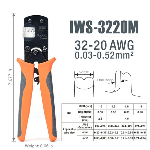 IWS-3220M micro connector pin crimping tool, front view with orange grips, for 0.03–0.52 mm² (32–20 AWG)