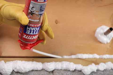 Applying spray foam sealant for gaps and cracks, expands up to 1 inch, high density polyurethane foam for seamless insulation.
