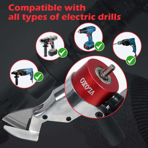 Sheet Metal Cutter Drill Attachment for Electric Drills, featuring 360 degree pivoting handle, compatible with multiple drill models