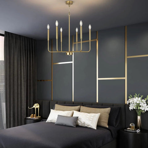 Farmhouse Style Gold Candle Chandelier With Brushed Brass Finish 6 Light Mid Century Branches Ceiling Fixture in bedroom setting