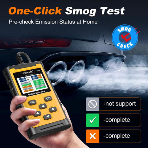 Hand holding OBDII Diagnostic Tool That Reads And Clears Check Engine Codes With Wireless Printing And Live Data Graphs.
