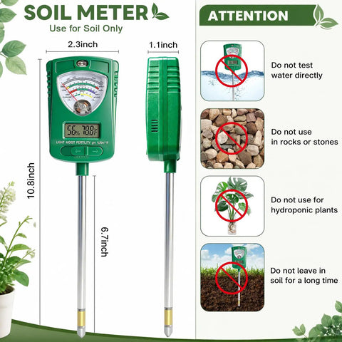 All In One 7 In 1 Soil Test Kit With Rotatable Head For Moisture Ph Fertility Light Intensity Soil Temperature And Air Humidity Digital Display Ideal For Garden Lawn Farm And Indoor Outdoor Plants, green meter