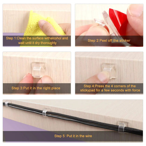 Clear Cable Clips 100 Pack Small 0.55 X 0.56 X 0.32 Inch Durable Adhesive Wire Organizer installation steps on desk surface