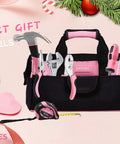 Pink Tool Set 218-Piece Home Improvement Kit For Women With 13 Inch Wide Mouth Tool Bag and pink tools displayed