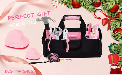 Pink Tool Set 218-Piece Home Improvement Kit For Women With 13 Inch Wide Mouth Tool Bag and pink tools displayed