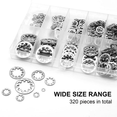 320Pcs Lock Washers Set With Internal Tooth Star Washers In 304 Stainless Steel 8 Sizes M2.5 M3 M4 M5 M6 M8 M10 M12 Kit