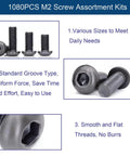 1080 Piece M2 Screw Kit featuring various sizes of 10.9 grade alloy steel hex button head screws, nuts, washers, and wrenches.