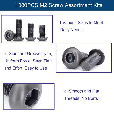 1080 Piece M2 Screw Kit featuring various sizes of 10.9 grade alloy steel hex button head screws, nuts, washers, and wrenches.