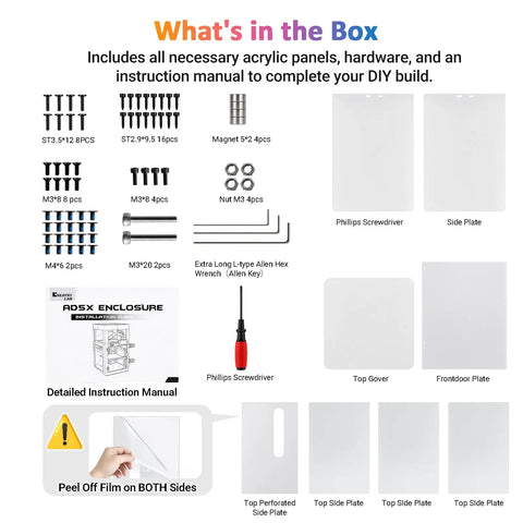 Badass Laser Cut Acrylic Enclosure Kit For Flashforge 3D Printer Dust Shroud Safety Cover showing hardware and instruction manual