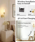Set Of Two Rechargeable Battery Operated Wall Sconces Featuring Gold Glass Shades showing easy installation steps and charging info.