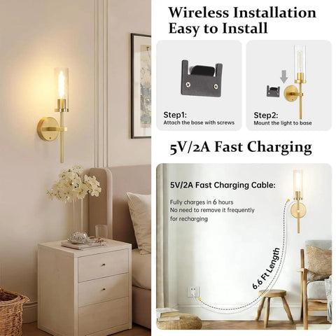 Set Of Two Rechargeable Battery Operated Wall Sconces Featuring Gold Glass Shades showing easy installation steps and charging info.