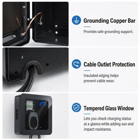 Built Damn Tough Lockable EV Charger Enclosure For Outdoor Use showing grounding bar, cable outlet, and tempered glass window.