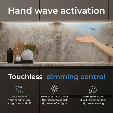 Wave Activated Under Cabinet LED Lighting Kit 3 Pack 20 Inch Dimmable Touchless Dimming Cool White 6000K For Kitchen Garage Office Desk Easy Install Plug In