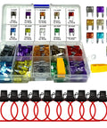 Must Have 12V Mini Fuse Holder Kit With 120 Piece Multi Size Blade Fuses 2A 3A 5A Seven Point Five Amp 10A 15A 20A 25A 30A 35A And 10 Inline 14AWG Holders For Easy Car Audio And RV Protection, showing organized blade fuses and red inline holders.