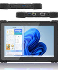 Killer Performance 10.1 Inch Rugged Tablet Built Like A Tank For Rough Jobsites Featuring Intel Celeron J4105 Chipset Windows 11 Pro 8GB Ram 128 GB Waterproof Design showing front and ports.