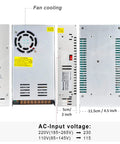 Beefy 24V 25A 600W DC Power Supply Adapter SMPS With Universal 110V 220V AC Input, front and side views with dimensions shown