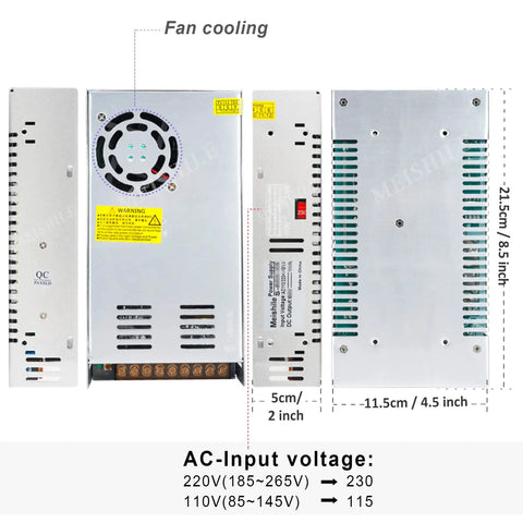 Front and side view of Beefy 24V 15A 360W DC Switching Power Supply SMPS with universal 110V 220V input for various electronics.