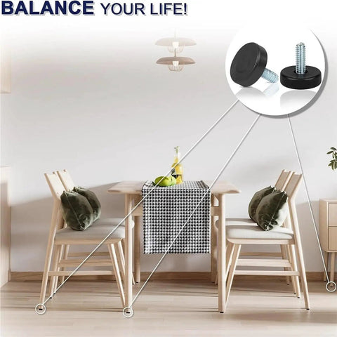 Adjustable Leveling Feet Set For Furniture 48 Or 72 Pieces Threaded Levelers with table and chairs on wooden floor