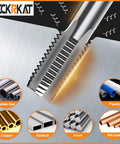 Close-up of tap cutting threads on metal, Six Piece NPT Pipe Tap Set In Carbon Steel For Clean Accurate Threads with case shown