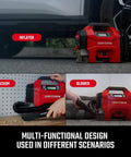 Plug And Play Three In One Portable Air Compressor Tire Inflator And Car Vacuum With Knockout 160 Psi Pressure shown as inflator, vacuum, and blower.