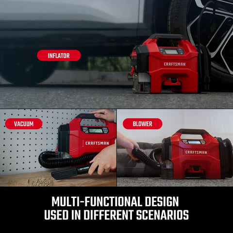 Plug And Play Three In One Portable Air Compressor Tire Inflator And Car Vacuum With Knockout 160 Psi Pressure shown as inflator, vacuum, and blower.
