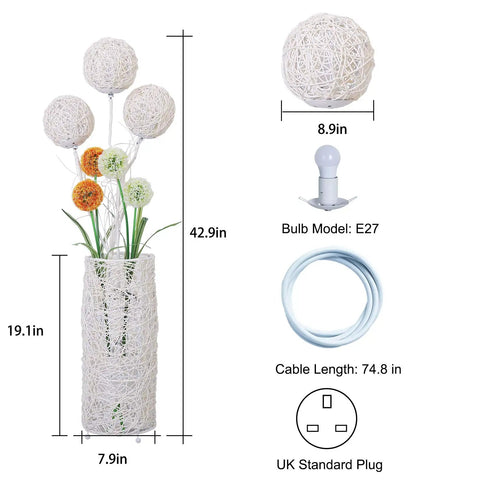 Dimensions of Pastoral LED Floor Lamp With Handwoven Rattan Flower Shade For Cozy Vibe A Standing Reading Light Great For Living Room Bedroom Or Tea Room Smart Vibe Lamp For Clubs And Modern Home Decor with bulb and cord details.
