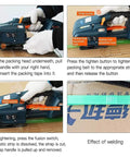 No Sweat Portable Electric Strapping Machine For 1/2 To 5/8 Inch Heavy Duty Steel Plastic Straps shows use and features with adjustment knobs.