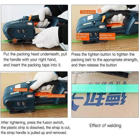 No Sweat Portable Electric Strapping Machine For 1/2 To 5/8 Inch Heavy Duty Steel Plastic Straps shows use and features with adjustment knobs.
