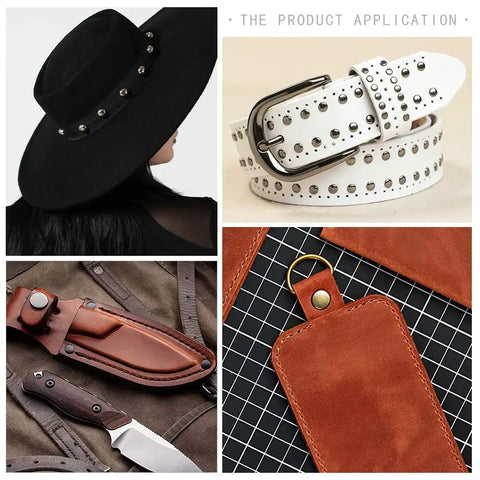 400 Set Double Cap Leather Rivets 5mm Tubular Metal Studs with 3 Piece Setting Tools Kit, shown on hat, belt, knife sheath