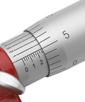 Pro Grade Outside Micrometer Set 0 To 4 Inches With Microfine 0.0001 Inch Readings, Includes Four Carbide Outside Micrometers (0-1, 1-2, 2-3, 3-4), Calibration Standards, Wrench Set, Ratchet Stop, Padded Case close-up view of micrometer scale and ratchet stop.