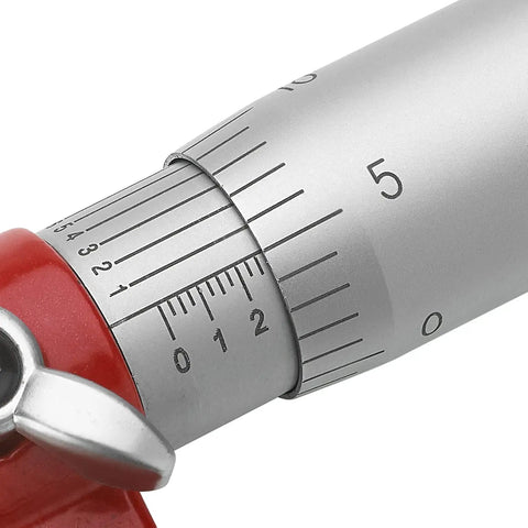 Pro Grade Outside Micrometer Set 0 To 4 Inches With Microfine 0.0001 Inch Readings, Includes Four Carbide Outside Micrometers (0-1, 1-2, 2-3, 3-4), Calibration Standards, Wrench Set, Ratchet Stop, Padded Case close-up view of micrometer scale and ratchet stop.