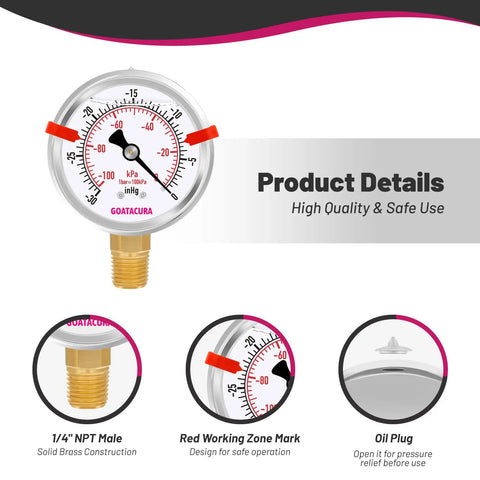 Glycerin Filled Vacuum Pressure Gauge That Holds Up With A Two And A Half Inch Dial Stainless Steel Case Red Range Mark For Safe Operation Minus Thirty In Hg To Zero For Vacuum Pumps Tanks And Systems With One Quarter Inch NPT Lower Mount Built For brass 1/4 NPT male close-up