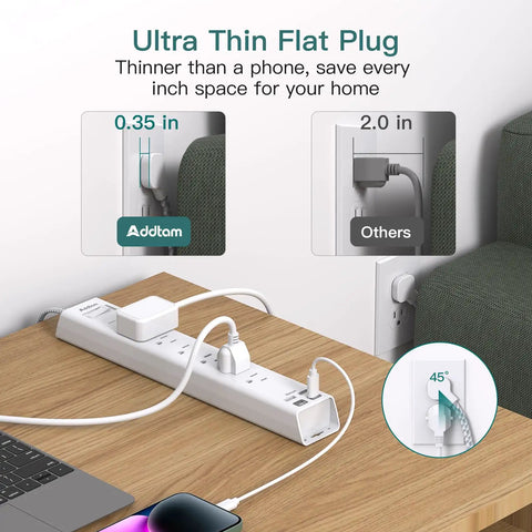 Long Reach Power Strip Surge Protector With 15ft Extension Cord For Home Office And Workshop, Extra Long Cable For Distant Outlets, Ideal For Living Rooms, Bedrooms, Desks, And Creative Setups. Ultra thin flat plug power strip on desk with angled cord and wall outlet clearance