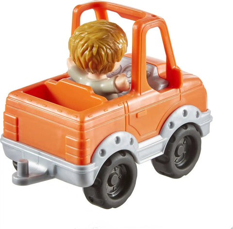 Easy Grip Push Along Pick Up Truck Toy with figure for toddlers, orange truck with figure seated, ideal for storytelling play.
