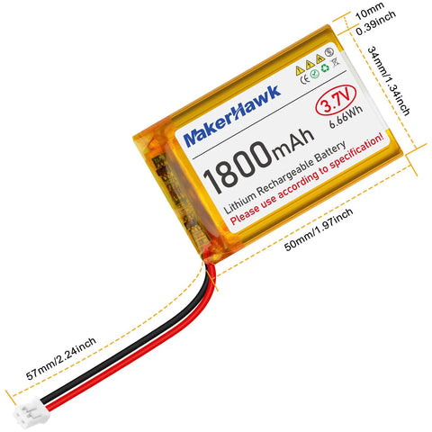 Two-Pack 3.7V 1800mAh LiPo Battery With JST 2.0 Plug Includes 1A USB Charger Cable And Protection Board Insulated Rubber Tape