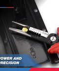 All In One Wire Service Tool With Gripper Crimper Stripper Cutter Extractor And Electrician Pliers 8.5 Inch Durable Steel Beast Multi Tool for wiring jobs with ergonomic non-slip rubber handle gripping a wire against black panel.