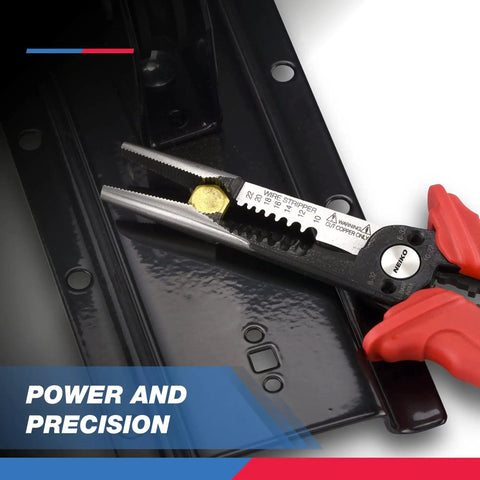 All In One Wire Service Tool With Gripper Crimper Stripper Cutter Extractor And Electrician Pliers 8.5 Inch Durable Steel Beast Multi Tool for wiring jobs with ergonomic non-slip rubber handle gripping a wire against black panel.