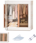 Kid Closet Organizer Kit With Collapsible Wardrobe, plastic bins, hanging rod, stackable shelves shown with clothes and toys inside