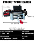 Heavy Duty 13800 Lbs Electric Winch For Trucks, UTVs And Offroad Vehicles With Steel Cable, 12V Power, showing specifications and dimensions.