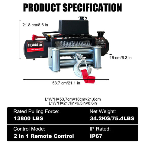 Heavy Duty 13800 Lbs Electric Winch For Trucks, UTVs And Offroad Vehicles With Steel Cable, 12V Power, showing specifications and dimensions.