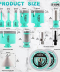 LEKOMESH tile hole saw kit for porcelain with diamond drill bits 6/8/10/35/50/65 mm, finger bit, chamfer bit, adapter.