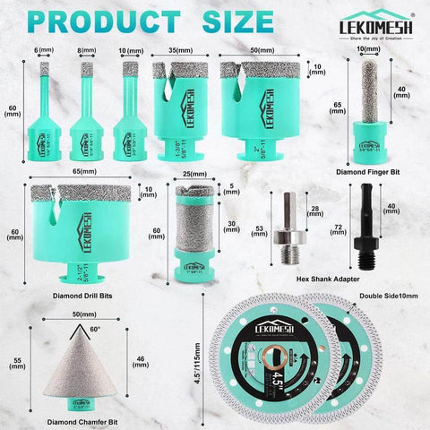 LEKOMESH tile hole saw kit for porcelain with diamond drill bits 6/8/10/35/50/65 mm, finger bit, chamfer bit, adapter.