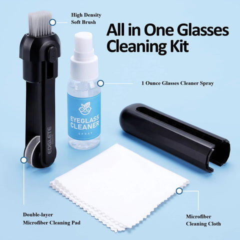 All-in-one glasses cleaning kit with spray bottle, soft brush, microfiber cloth, and black case.