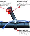 Close-up of control handle on Backpack Mosquito Fogger And Garden Sprayer With Turbo Fogger, featuring power lock and adjustable grip.
