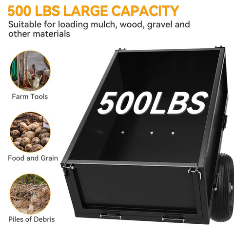 Beefy Heavy Duty Steel Dump Cart For ATVs And Tractors With Fold Down Side Panels 500 Lb Capacity Utility Trailer front view