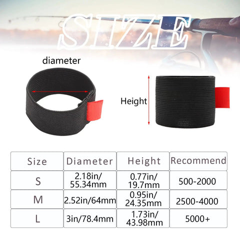 Size chart and measurements for Spool Belt For Fishing Reels 4 Pack Large Keep Line Tight Prevent Tangling And Scratches Reel Protection Accessory