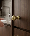 Top Shelf Brushed Gold Cabinet Knobs Six Pack For Modern Kitchen Drawers And Dressers Crafted From Solid Zinc Alloy Ridge Tough Construction Quick Install Mounting on dark wood cabinet.