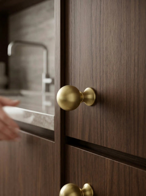 Top Shelf Brushed Gold Cabinet Knobs Six Pack For Modern Kitchen Drawers And Dressers Crafted From Solid Zinc Alloy Ridge Tough Construction Quick Install Mounting on dark wood cabinet.