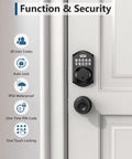 Front view of TEEHO TE001 keyless entry door lock with keypad in matte black installed on a white door